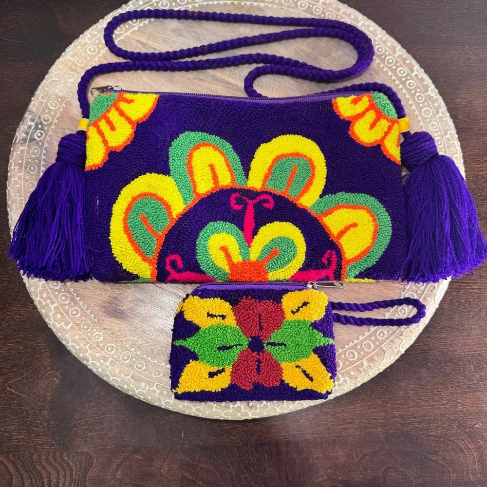 Colombian Wayuu Purple Butterfly Flowers Handmade Purse Bag & Coin Purse Artisan